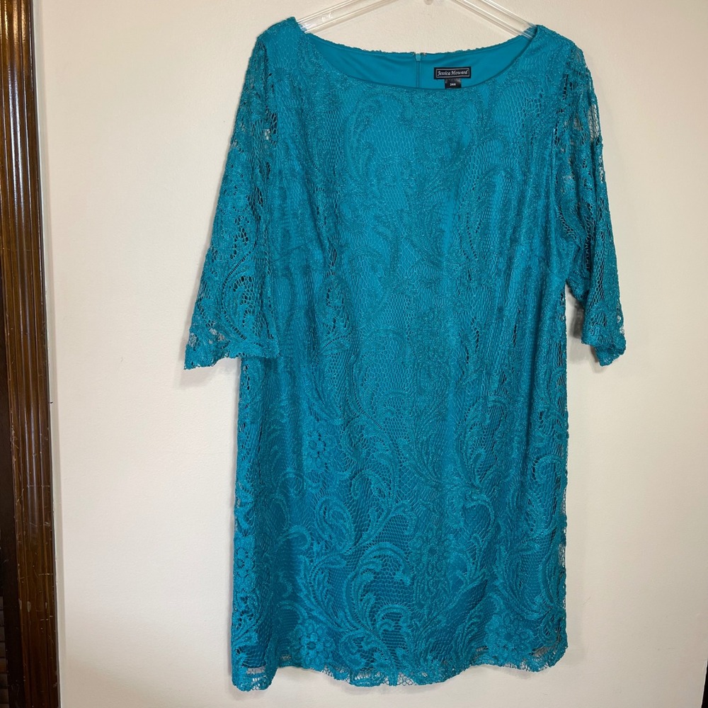 Jessica Howard Teal Blue Floral Lace Sheath Dress Plus 24W 3/4 Sleeve‎ Formal